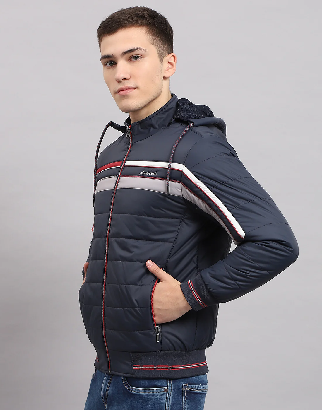 Men Navy Blue Solid Hooded Full Sleeve Jacket - Image 3