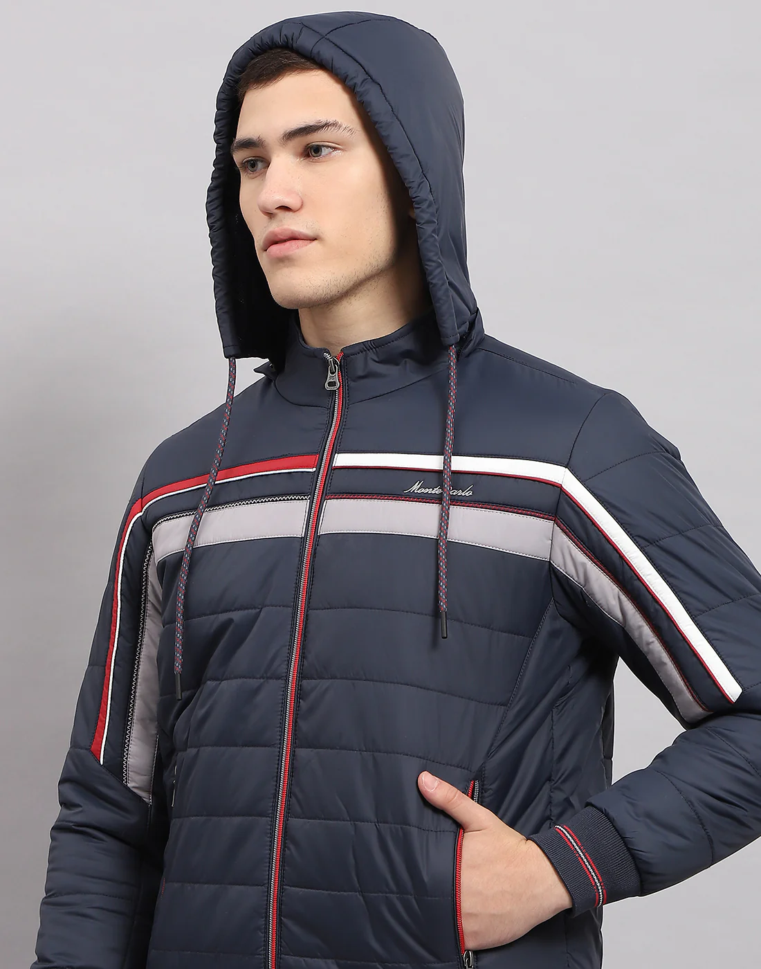 Men Navy Blue Solid Hooded Full Sleeve Jacket - Image 8