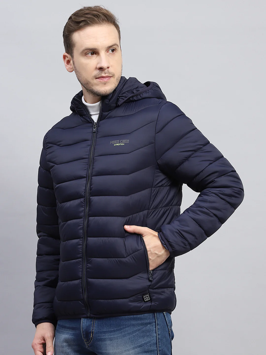 Men Navy Blue Solid Hooded Full Sleeve Heating Jacket - Image 3
