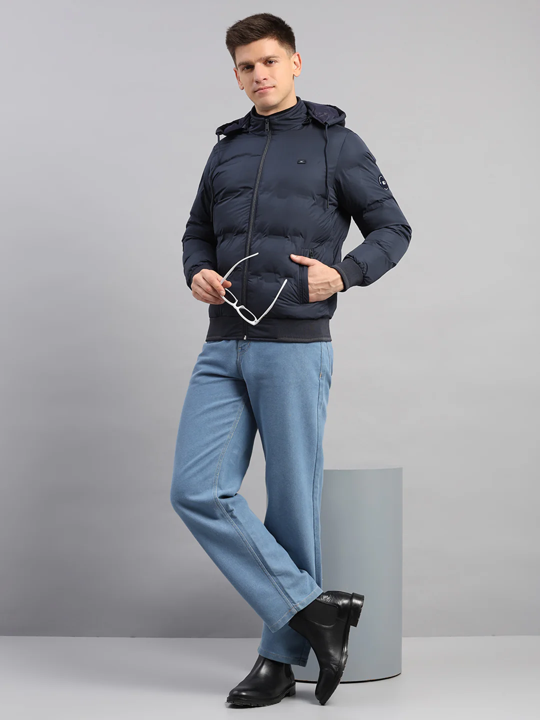 Men Navy Blue Solid Hooded Full Sleeve Jacket - Image 2