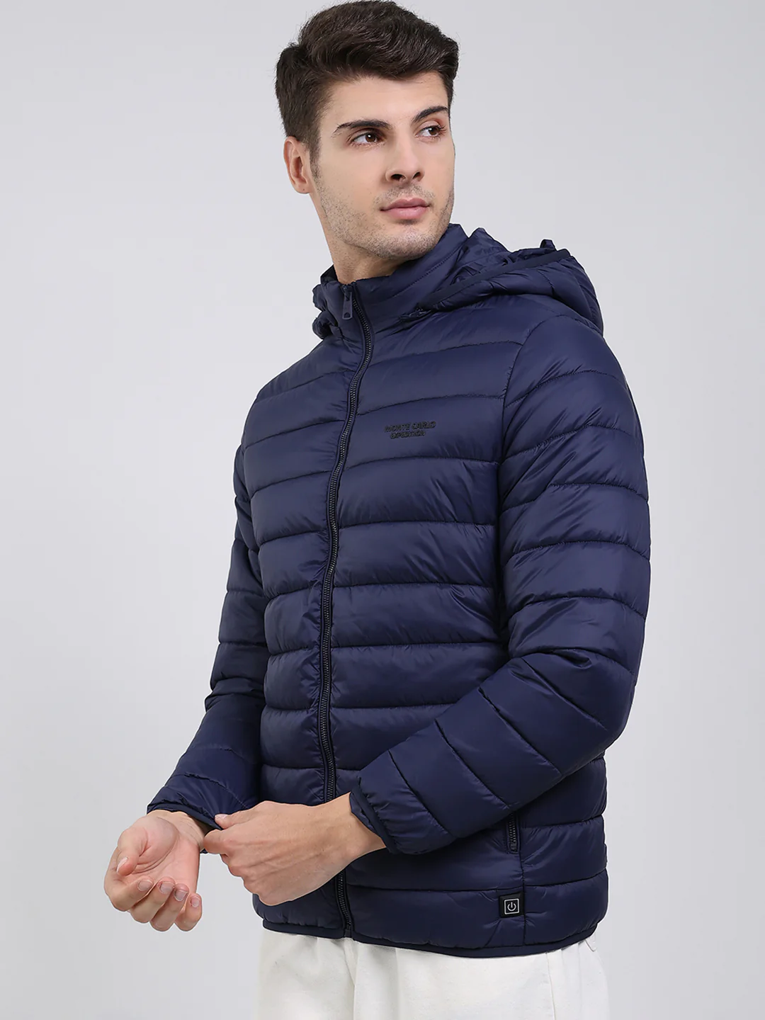Men Navy Blue Solid Hooded Full Sleeve Heating Jacket - Image 3