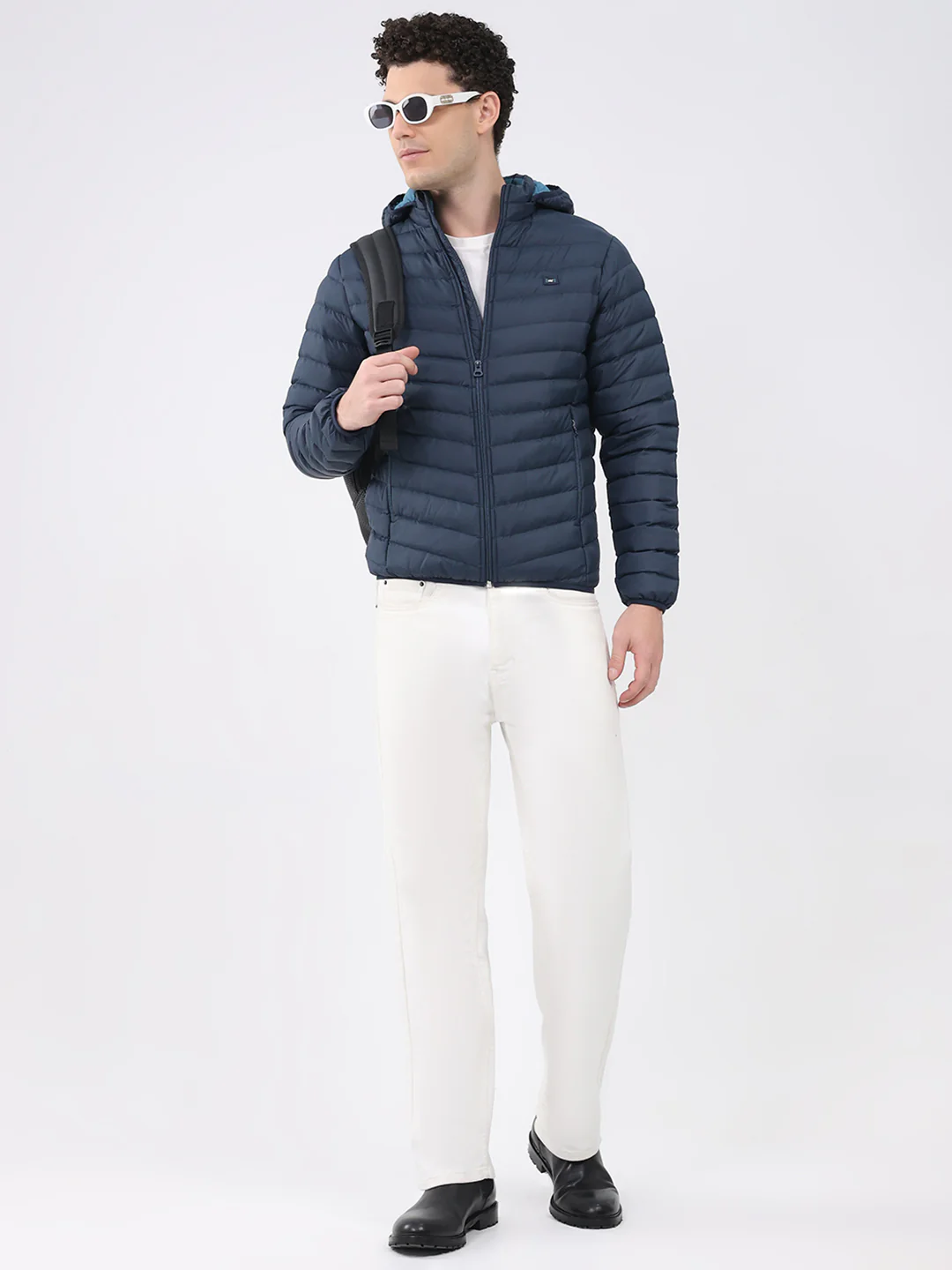 Men Navy Blue Solid Hooded Full Sleeve Jacket - Image 2