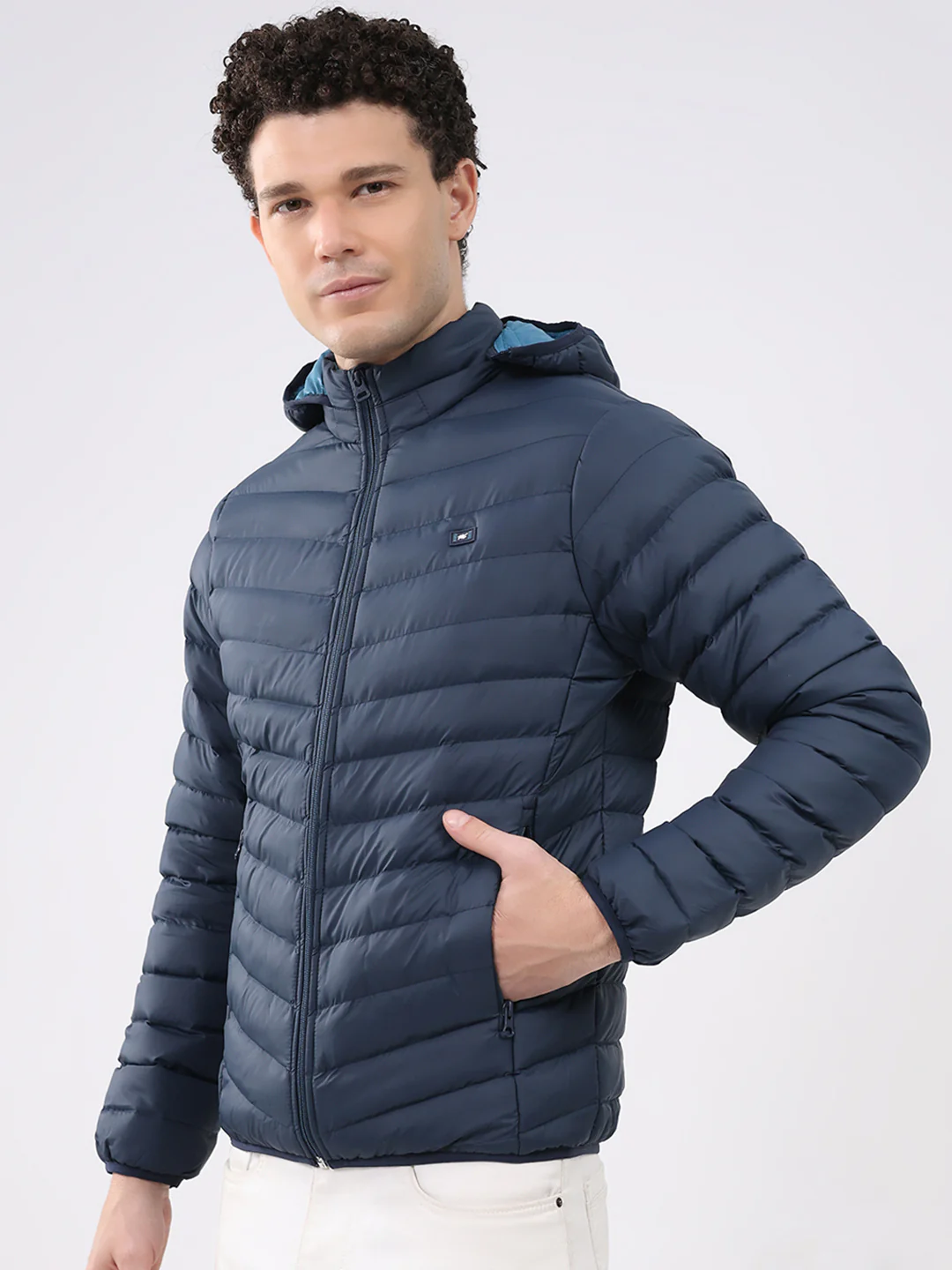 Men Navy Blue Solid Hooded Full Sleeve Jacket - Image 3