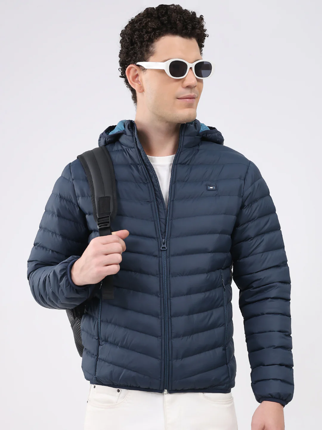 Men Navy Blue Solid Hooded Full Sleeve Jacket - Image 6