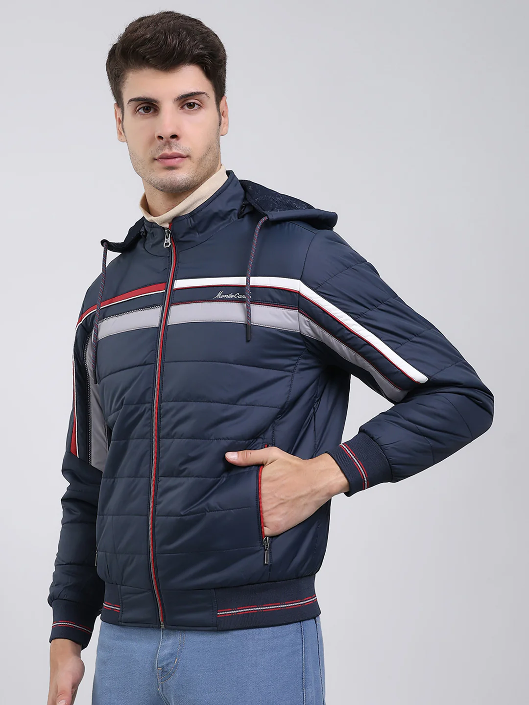 Men Navy Blue Solid Hooded Full Sleeve Jacket - Image 3