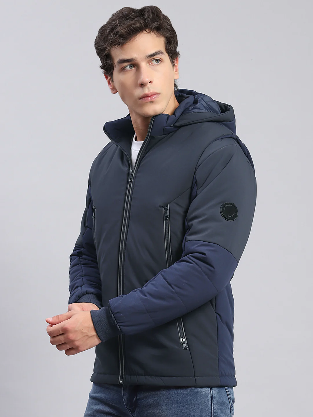 Men Navy Blue Solid Hooded Full Sleeve Jackets - Image 3