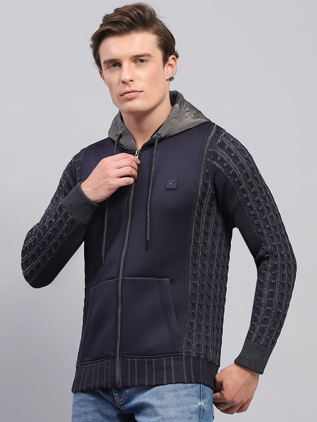 Men Navy Blue Solid Hooded Full Sleeve Pullover - Image 3