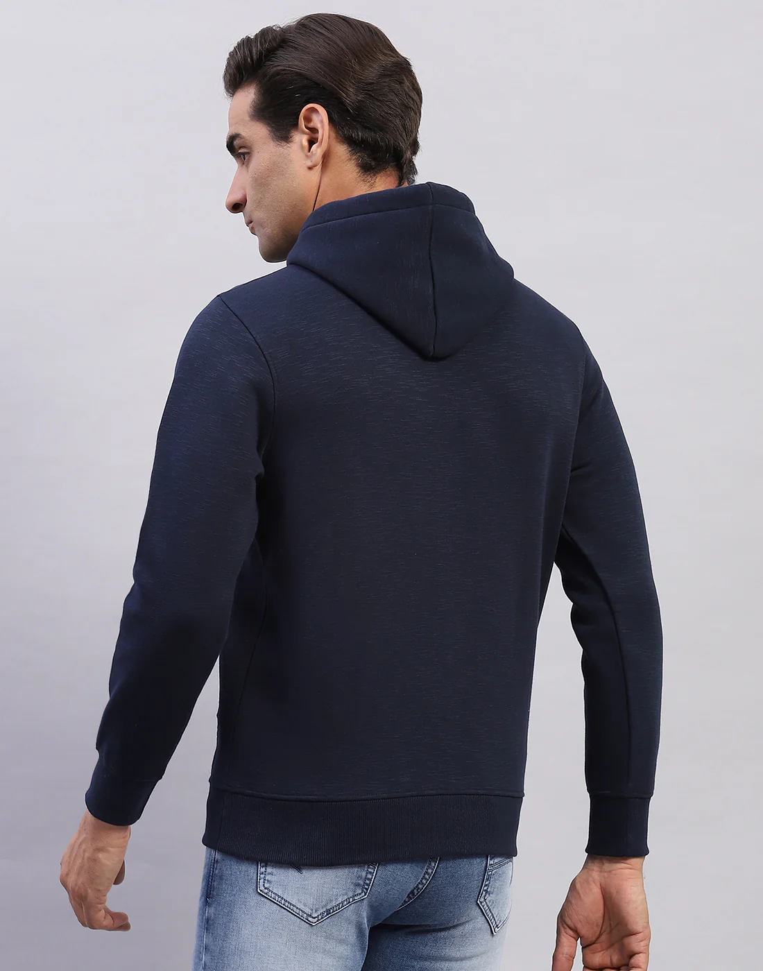 Men Navy Blue Solid Hooded Full Sleeve Sweatshirt - Image 5