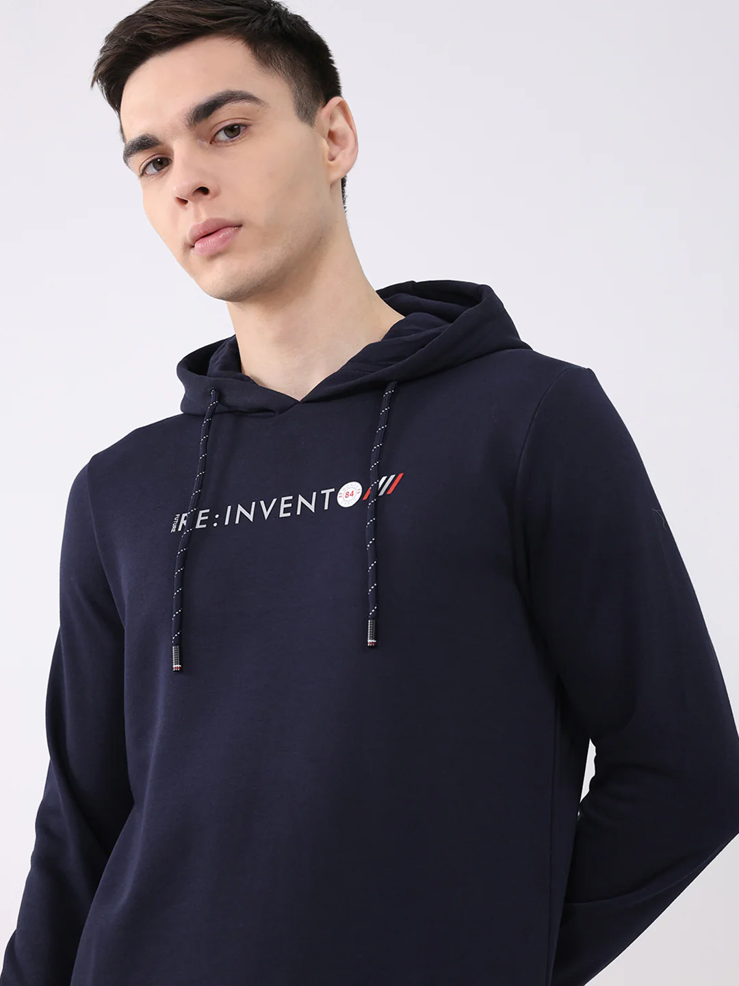 Men Navy Blue Solid Hooded Full Sleeve Sweatshirt - Image 6