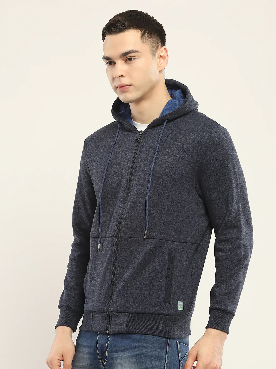 Men Navy Blue Solid Hooded Full Sleeve Sweatshirt - Image 3