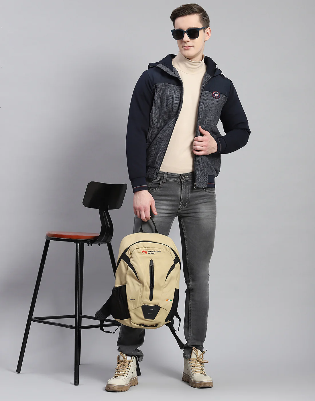 Men Navy Blue Hooded Jacket with Attached Inflatable Neck Pillow - Image 2