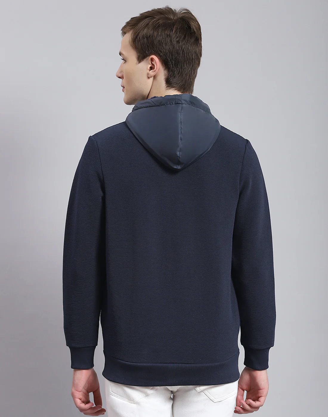 Men Navy Blue Solid Hooded Full Sleeve Sweatshirt - Image 5