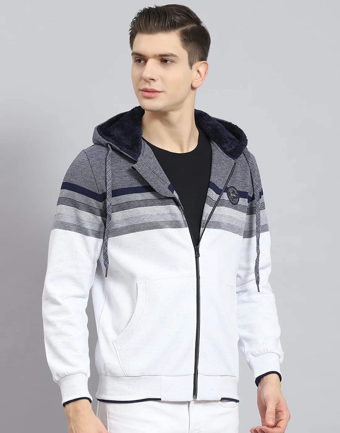 Men Navy Blue Solid Hooded Full Sleeve Sweatshirt - Image 6