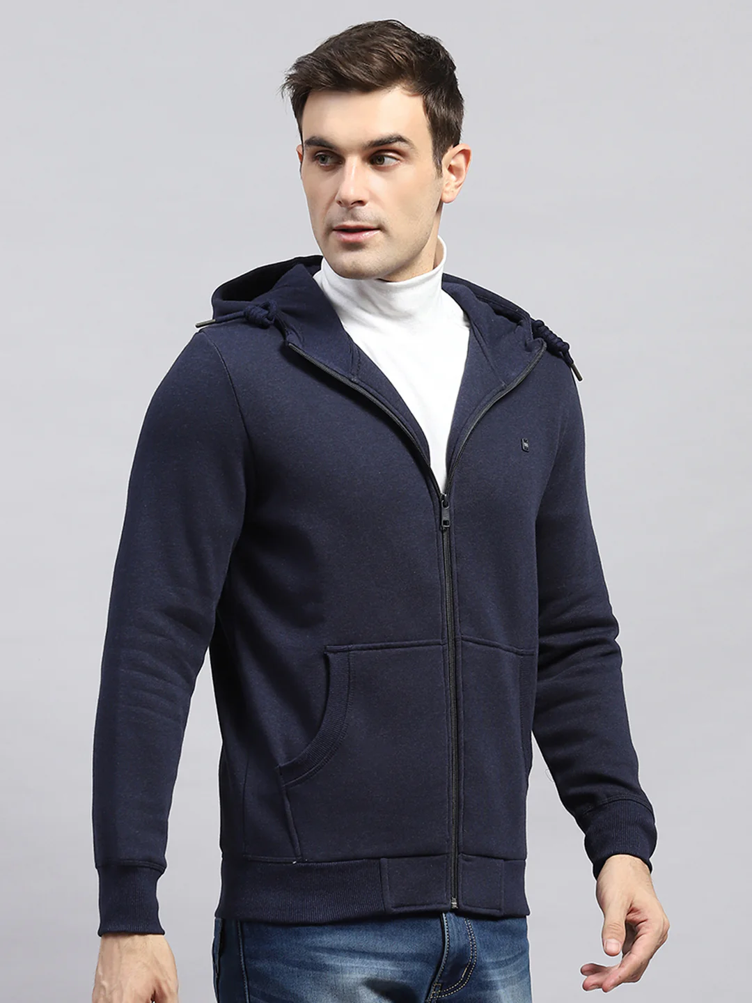 Men Navy Blue Solid Hooded Full Sleeve Sweatshirt - Image 4