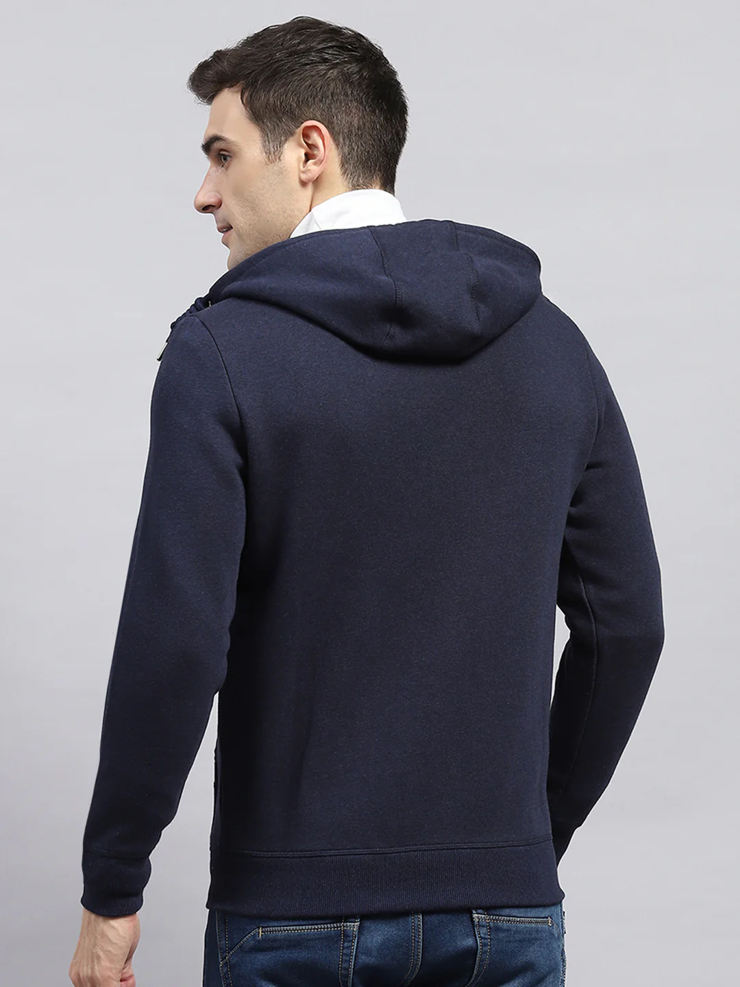 Men Navy Blue Solid Hooded Full Sleeve Sweatshirt - Image 5