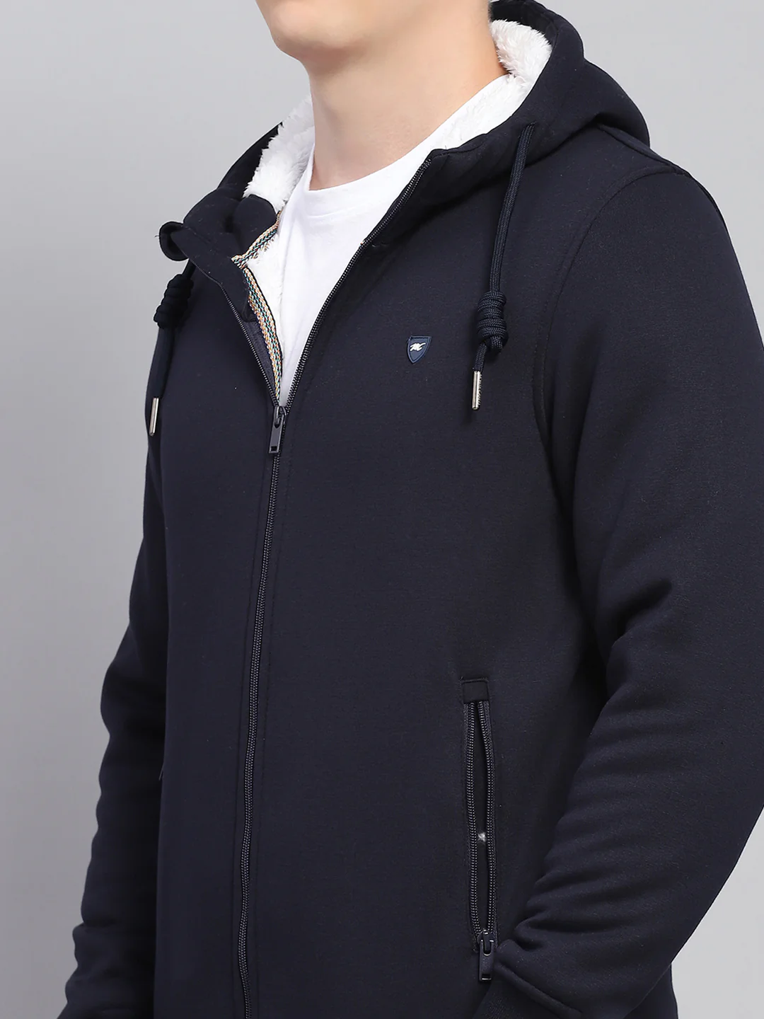 Men Navy Blue Solid Hooded Full Sleeve Sweatshirt - Image 6