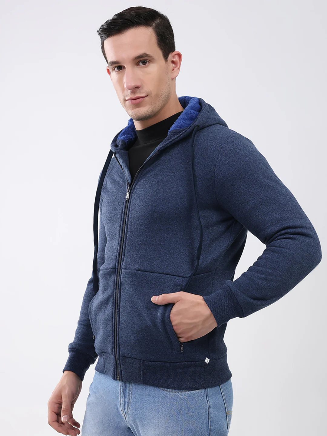 Men Navy Blue Solid Hooded Full Sleeve Sweatshirt - Image 3