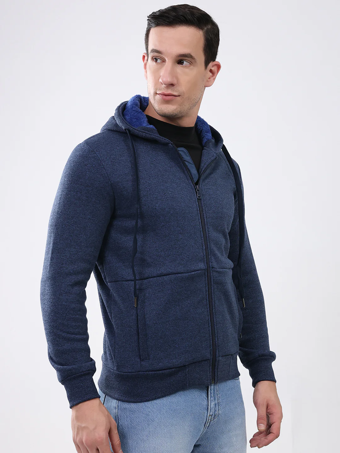 Men Navy Blue Solid Hooded Full Sleeve Sweatshirt - Image 4