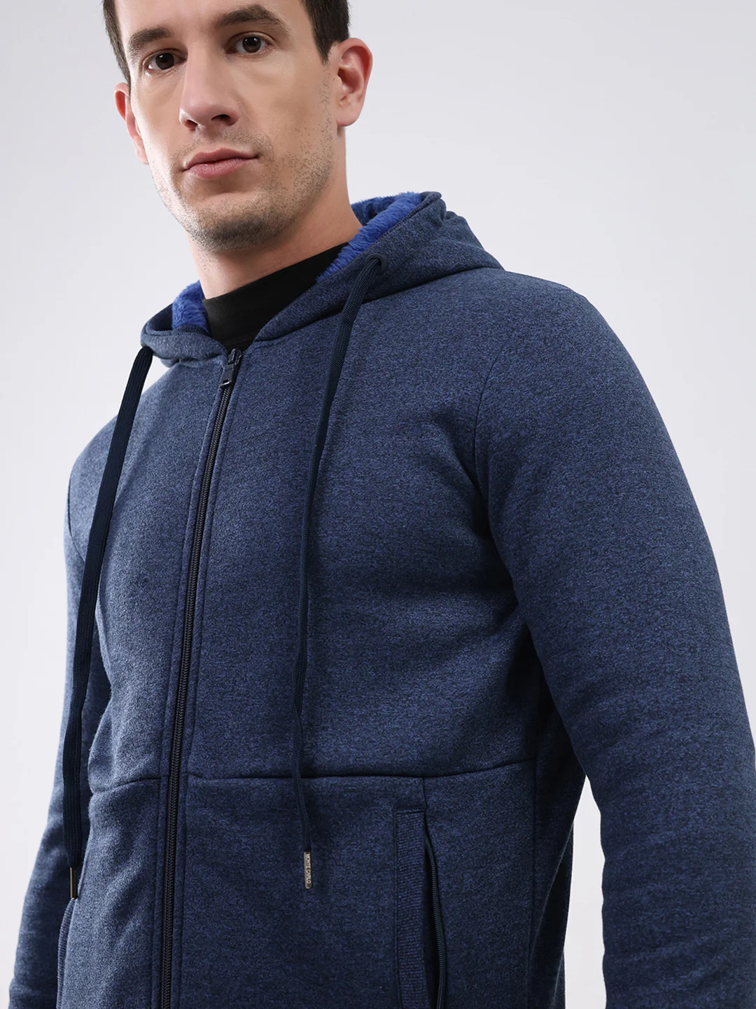 Men Navy Blue Solid Hooded Full Sleeve Sweatshirt - Image 6