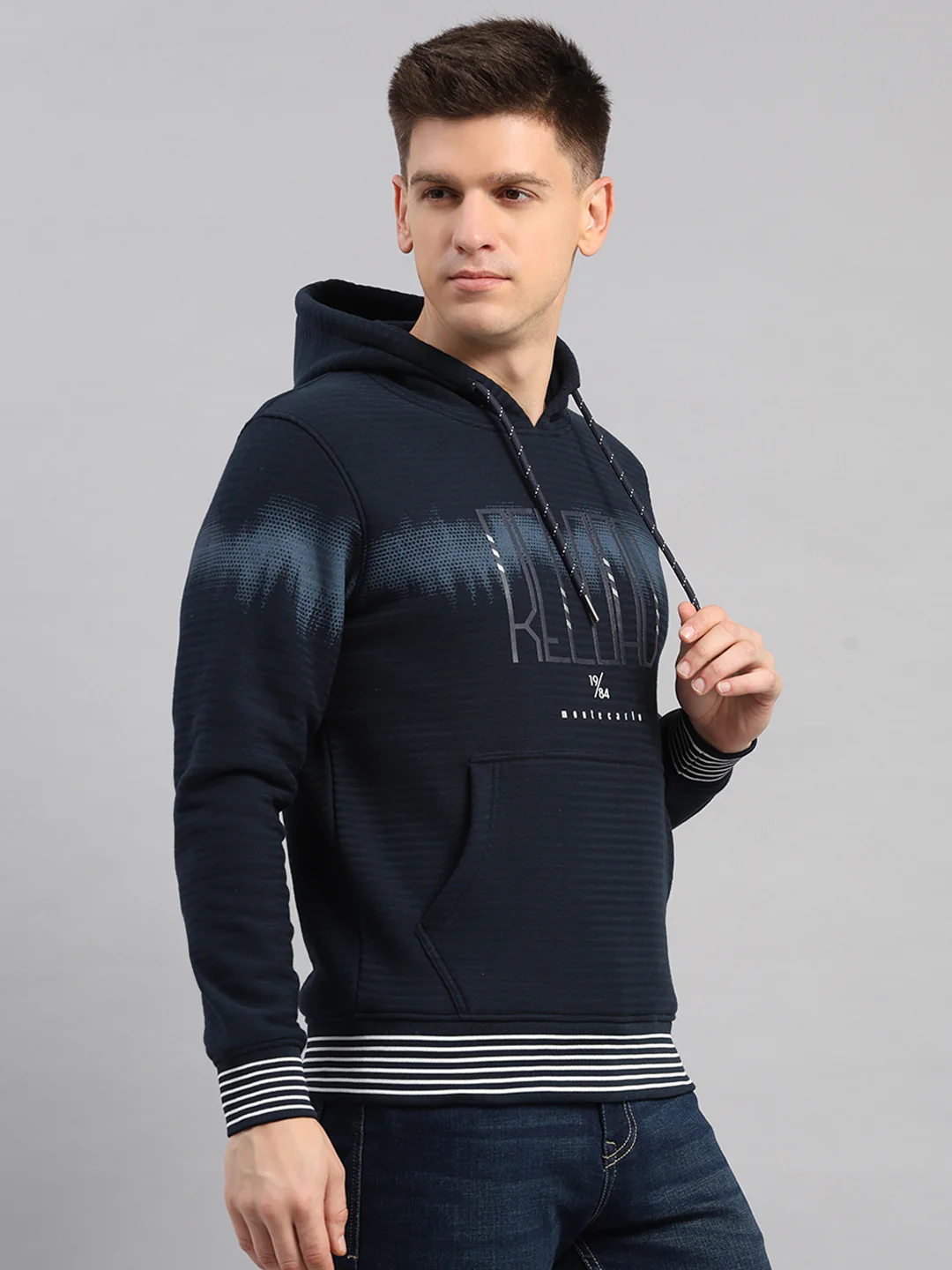 Men Navy Blue Solid Hooded Full Sleeve Sweatshirt - Image 4