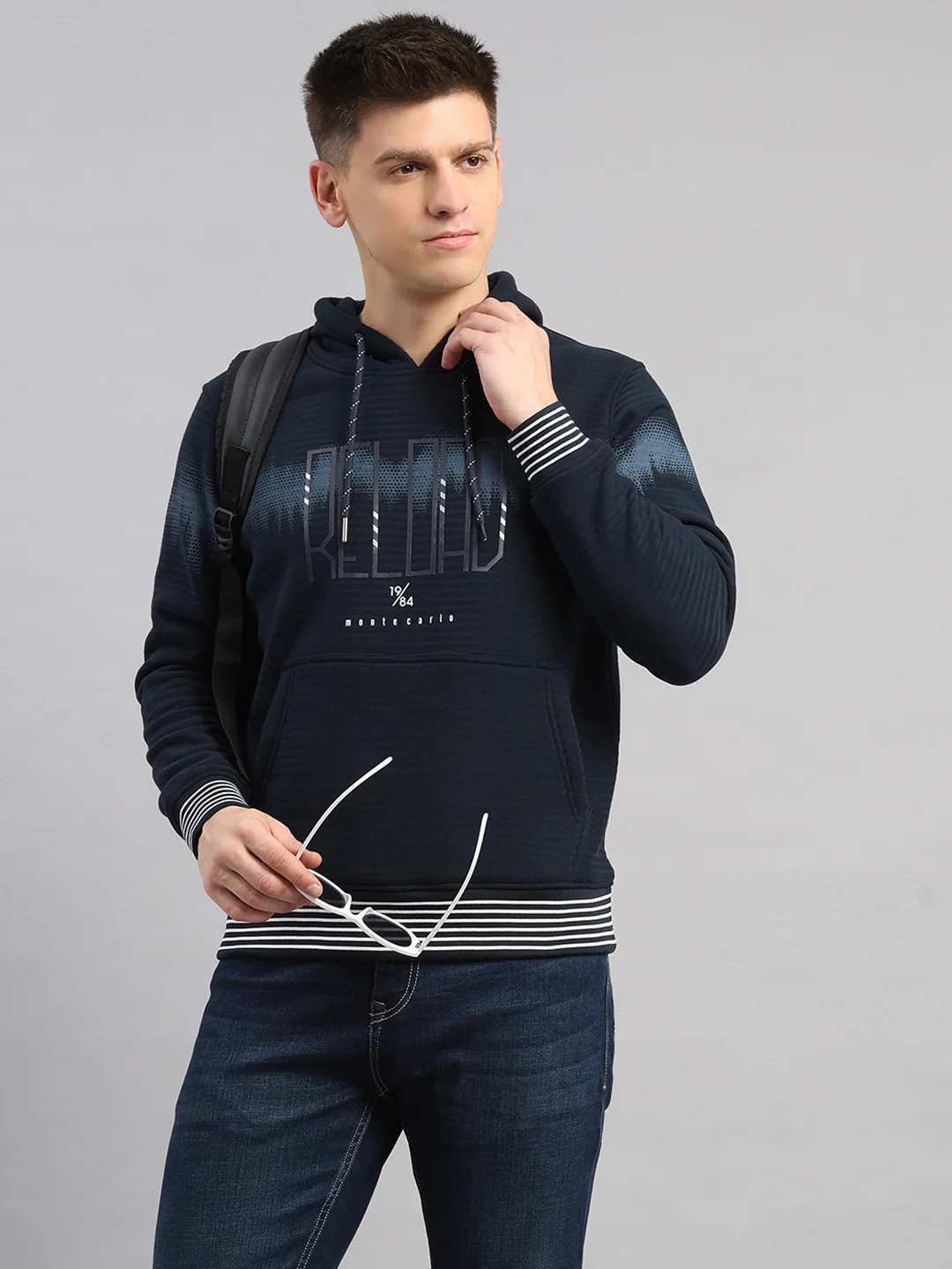 Men Navy Blue Solid Hooded Full Sleeve Sweatshirt - Image 6