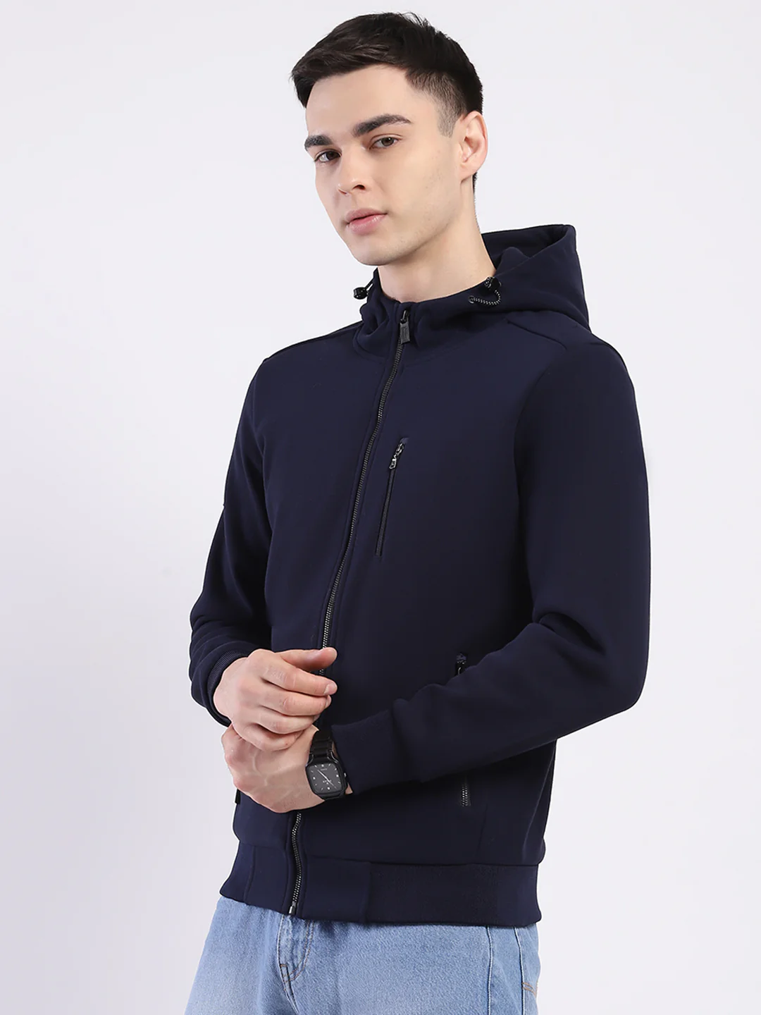 Men Navy Blue Solid Hooded Full Sleeve Sweatshirt - Image 3