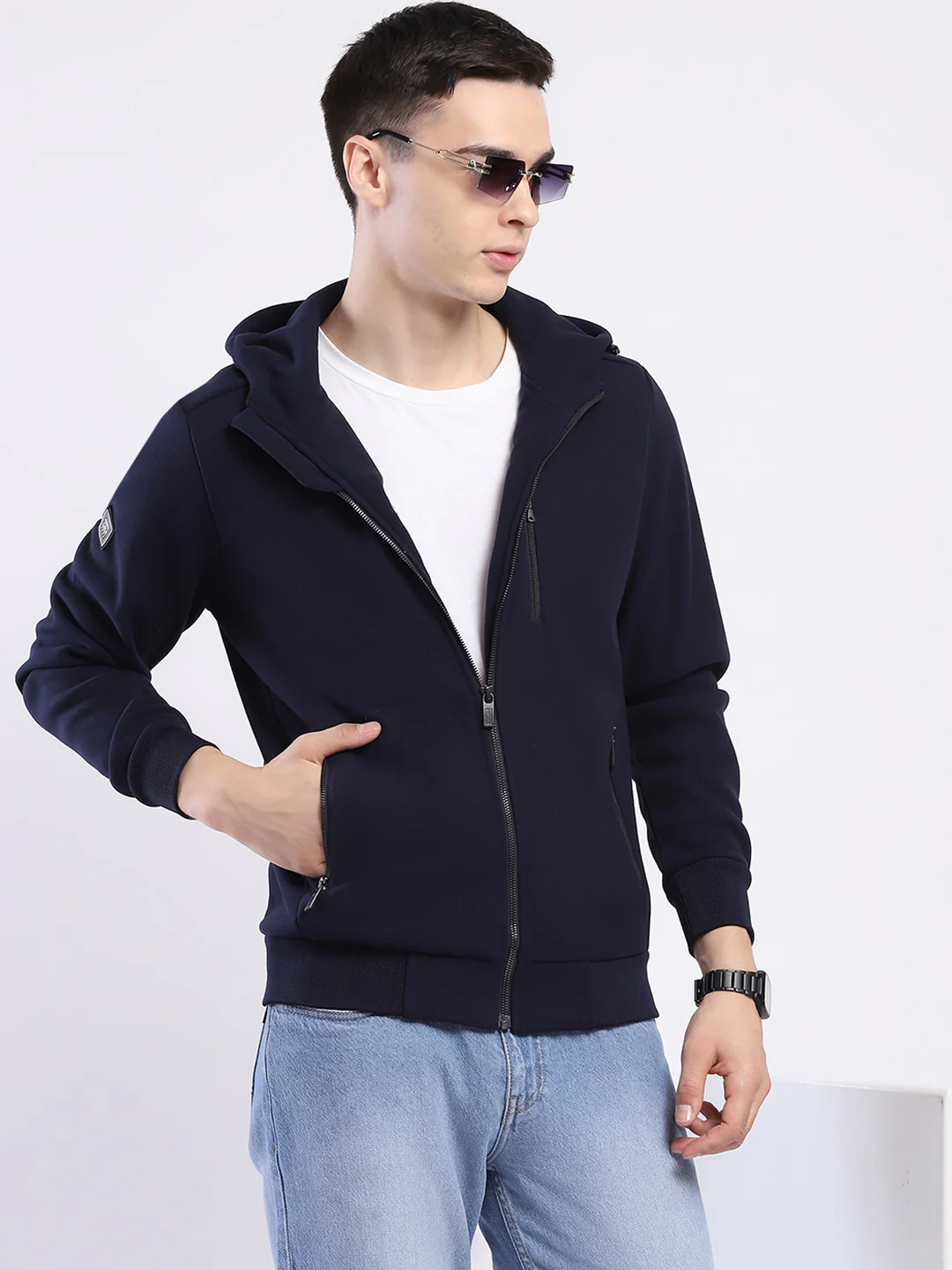 Men Navy Blue Solid Hooded Full Sleeve Sweatshirt - Image 6