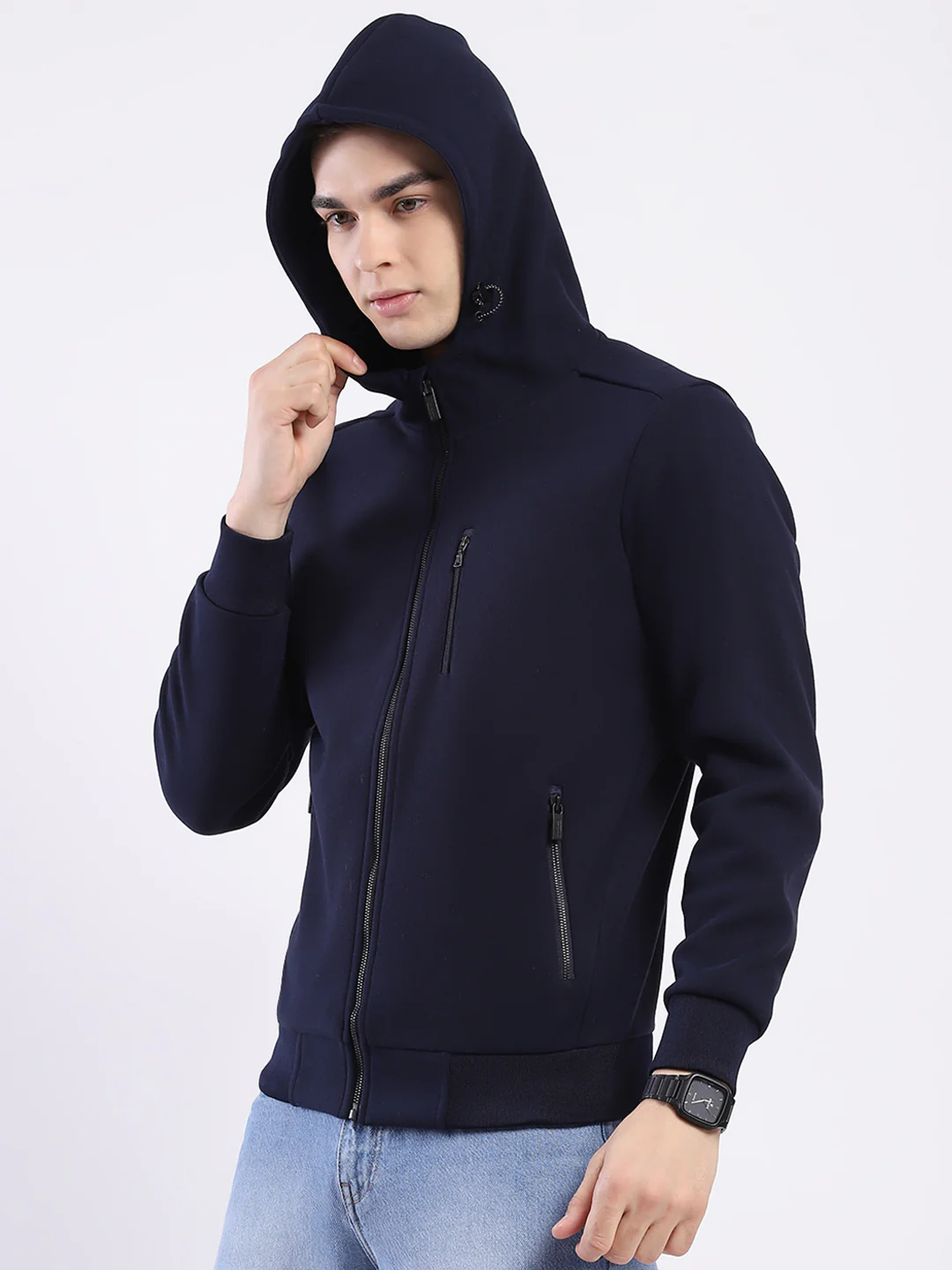 Men Navy Blue Solid Hooded Full Sleeve Sweatshirt - Image 7