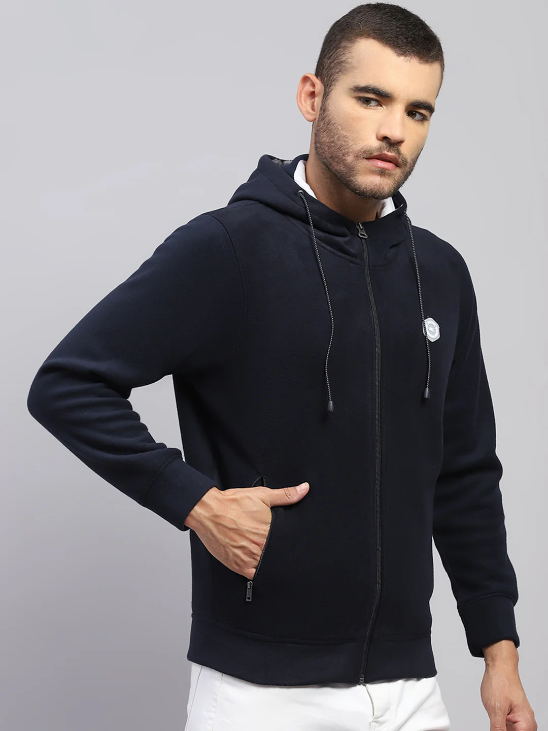 Men Navy Blue Solid Hooded Full Sleeve Sweatshirt - Image 4