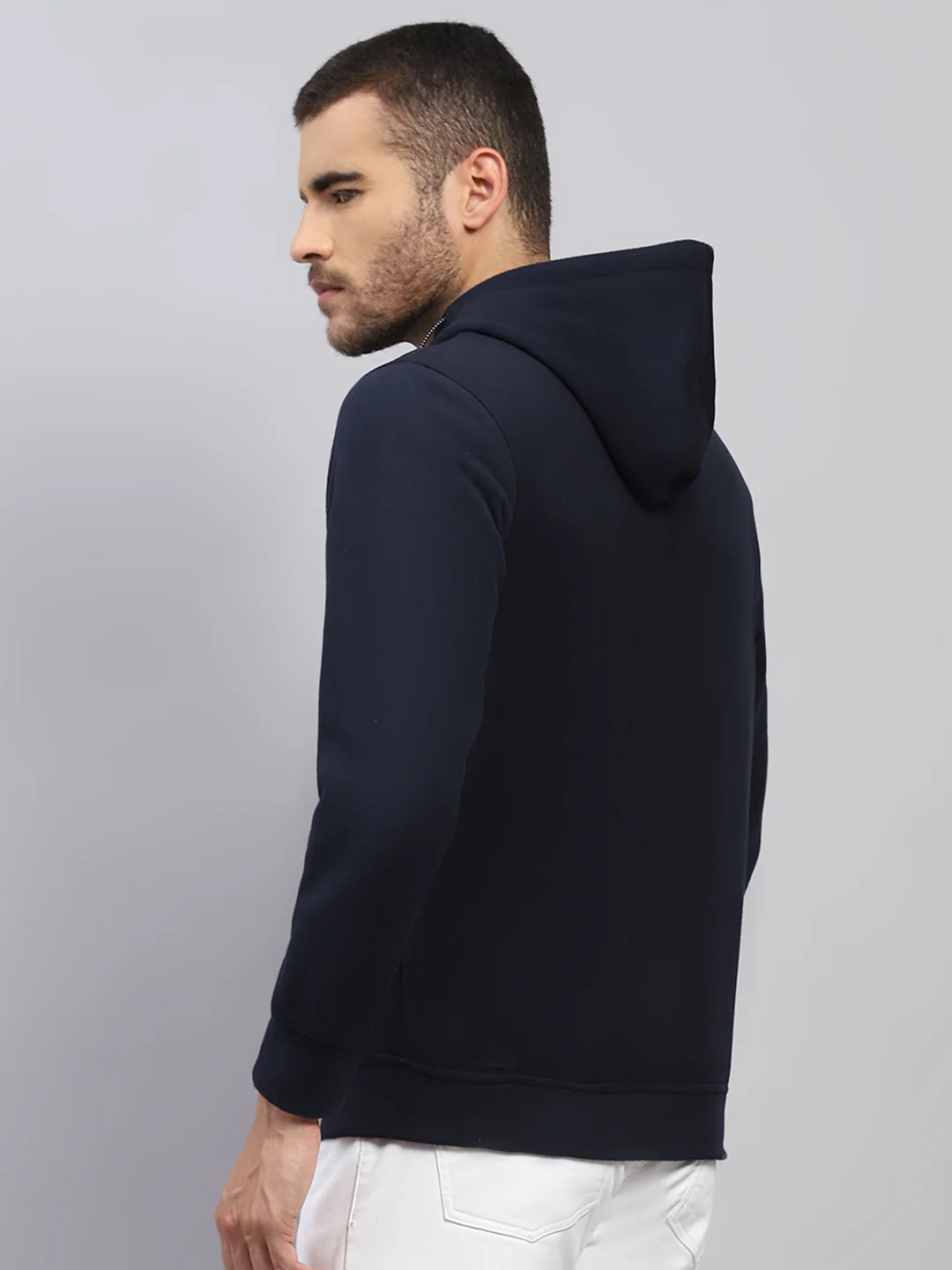 Men Navy Blue Solid Hooded Full Sleeve Sweatshirt - Image 5