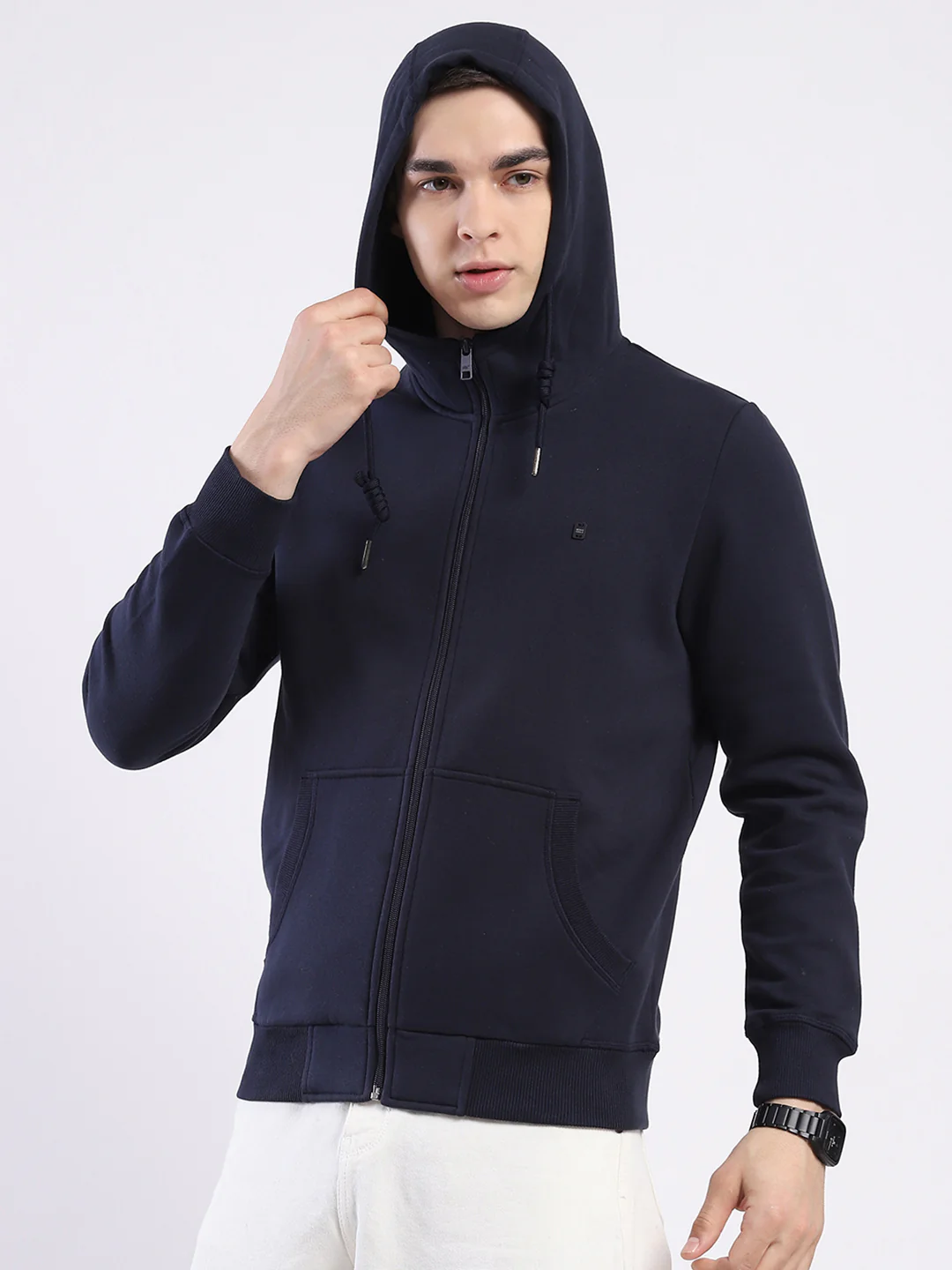 Men Navy Blue Solid Hooded Full Sleeve Sweatshirt - Image 7
