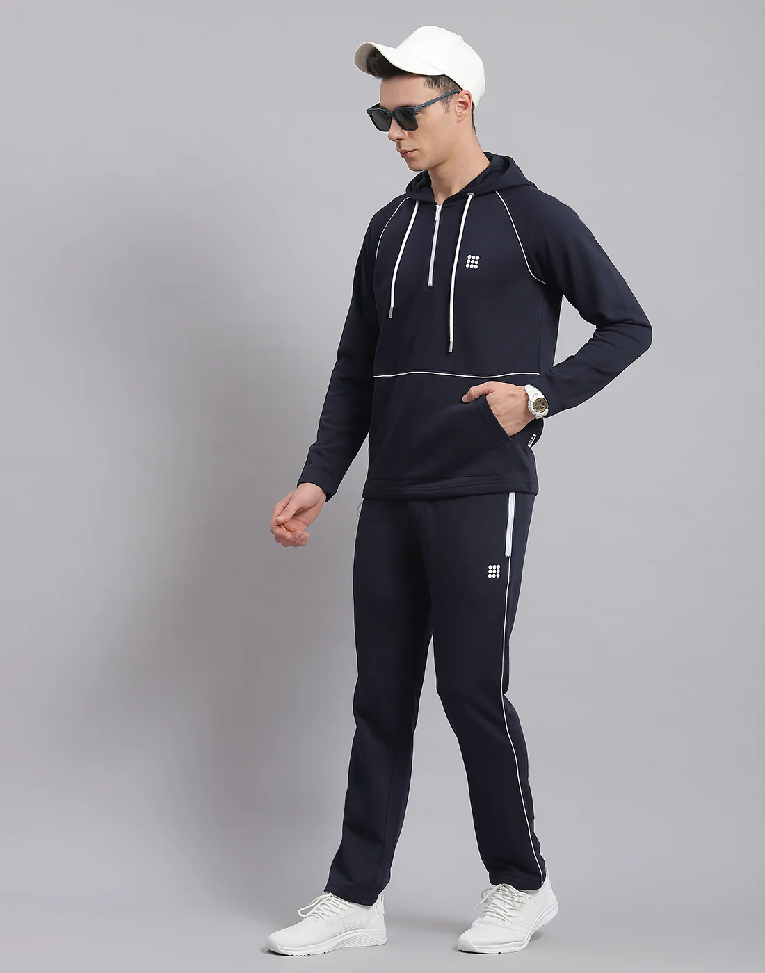 Rock.it Men Navy Blue Solid Hooded Full Sleeve Tracksuit - Image 3
