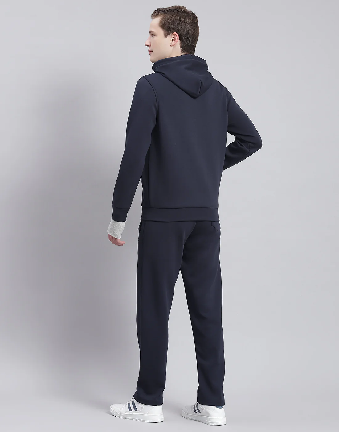 Men Navy Blue Solid Hooded Full Sleeve Tracksuit - Image 5