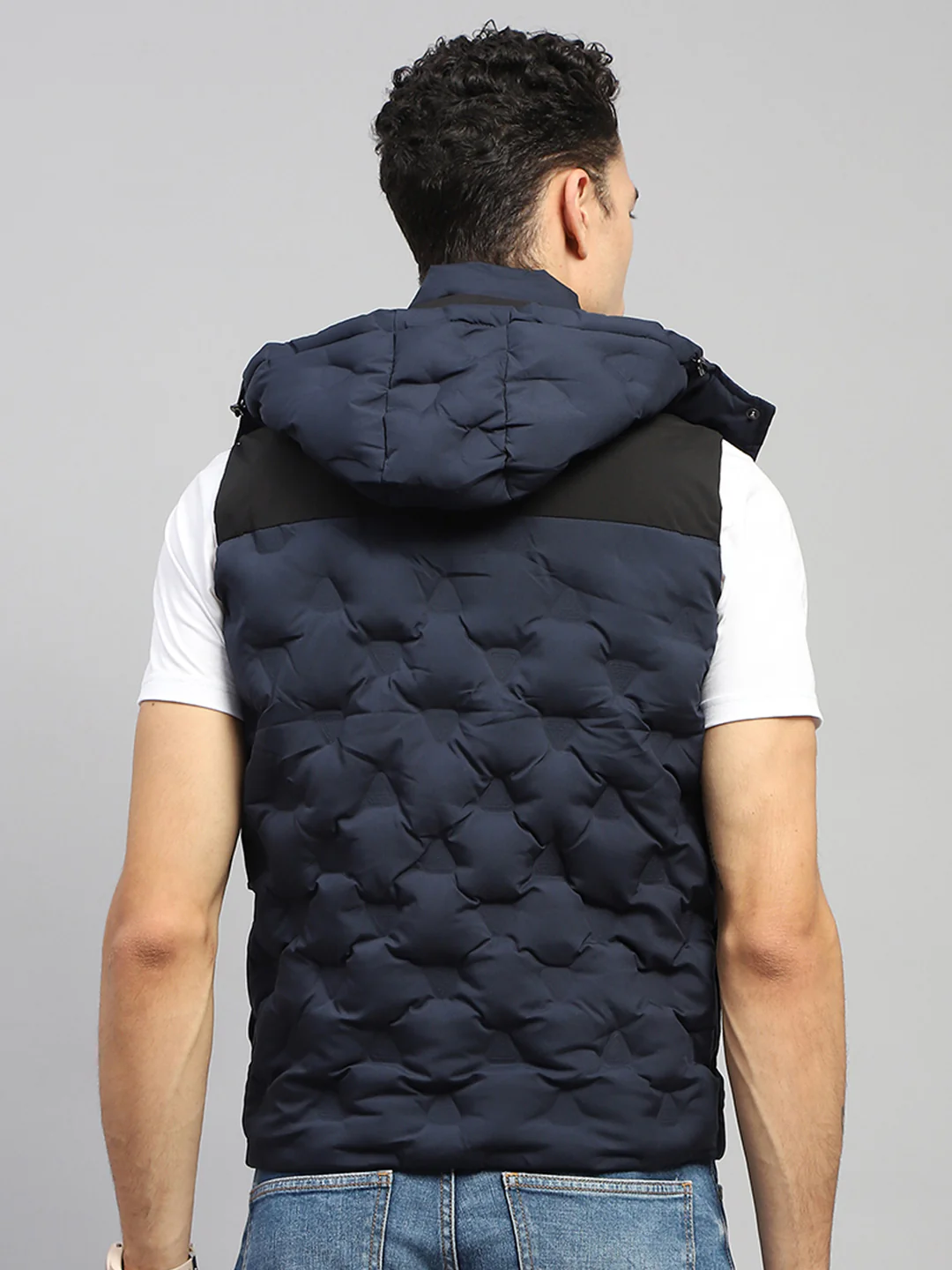 Men Navy Blue Solid Hooded Sleeveless Jacket - Image 5