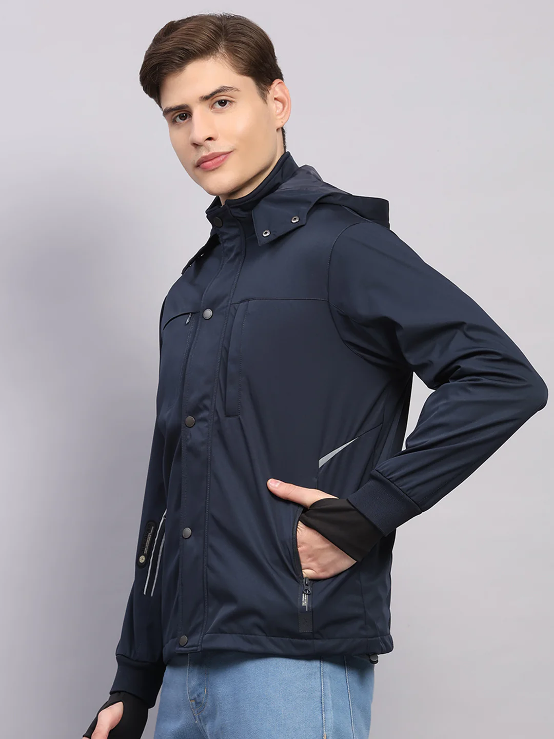 Men Navy Blue Solid Hooded Traveller Jacket With Night Visibility Reflective Strip - Image 3