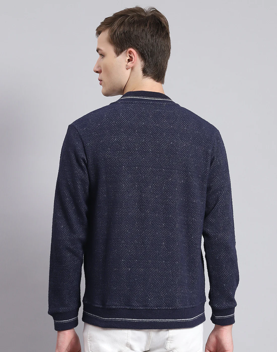 Men Navy Blue Solid Mandarin Collar Full Sleeve Sweatshirt - Image 5
