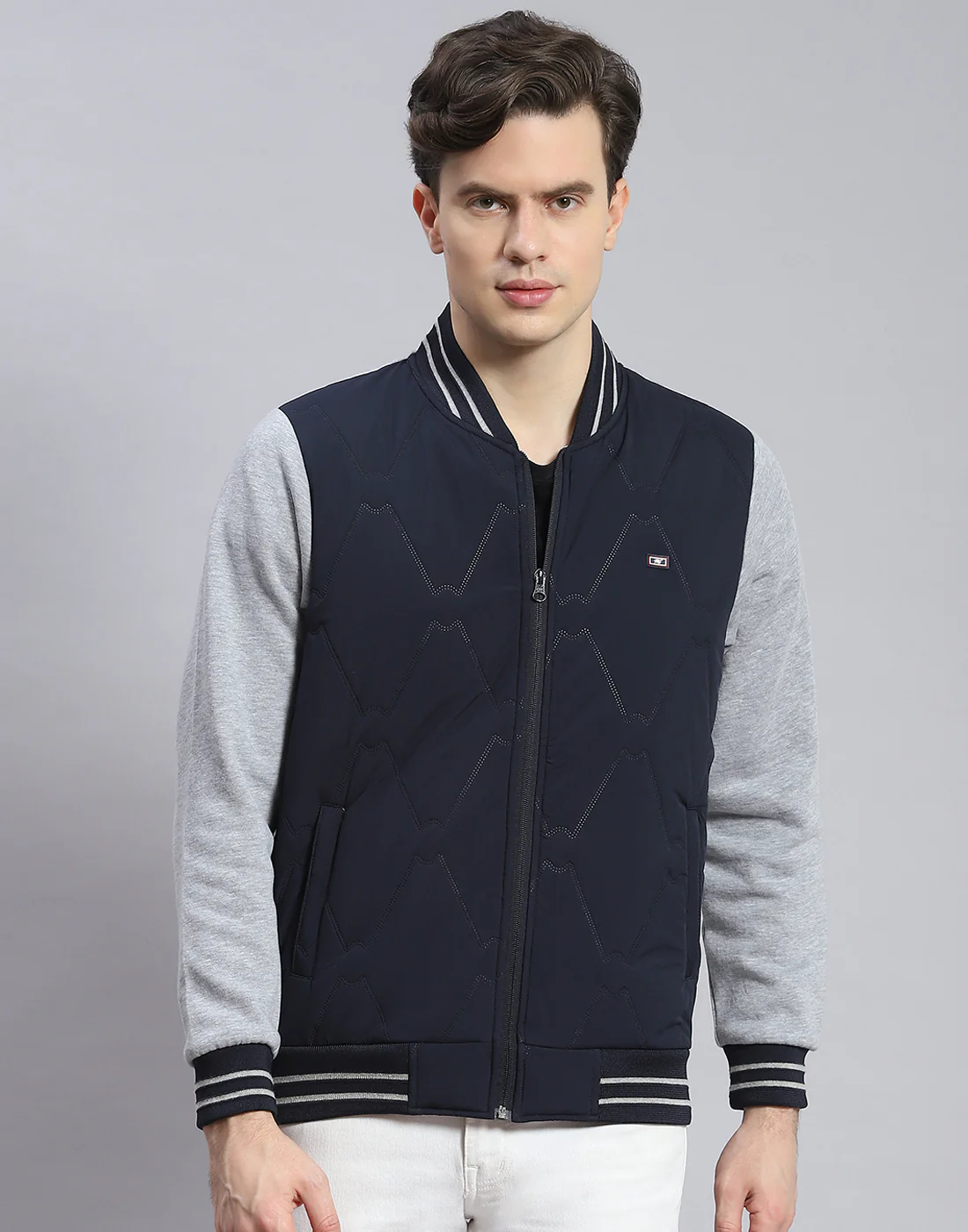 Men Navy Blue Solid Mandarin Collar Full Sleeve Sweatshirt - Image 2