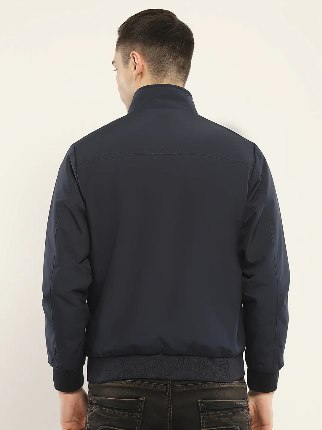 Men Navy Blue Solid Mock Neck Full Sleeve Jacket - Image 5