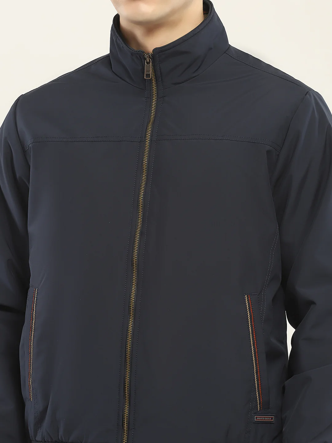 Men Navy Blue Solid Mock Neck Full Sleeve Jacket - Image 6