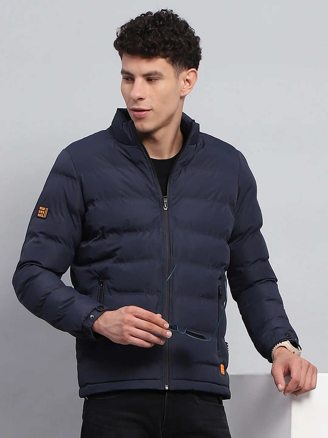 Rock.it Men Navy Blue Solid Mock Neck Full Sleeve Heating Jacket - Image 6