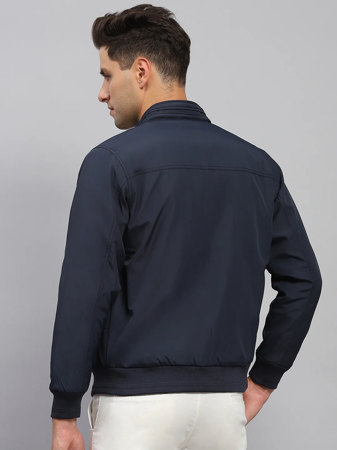Men Navy Blue Solid Mock Neck Full Sleeve Jacket - Image 5