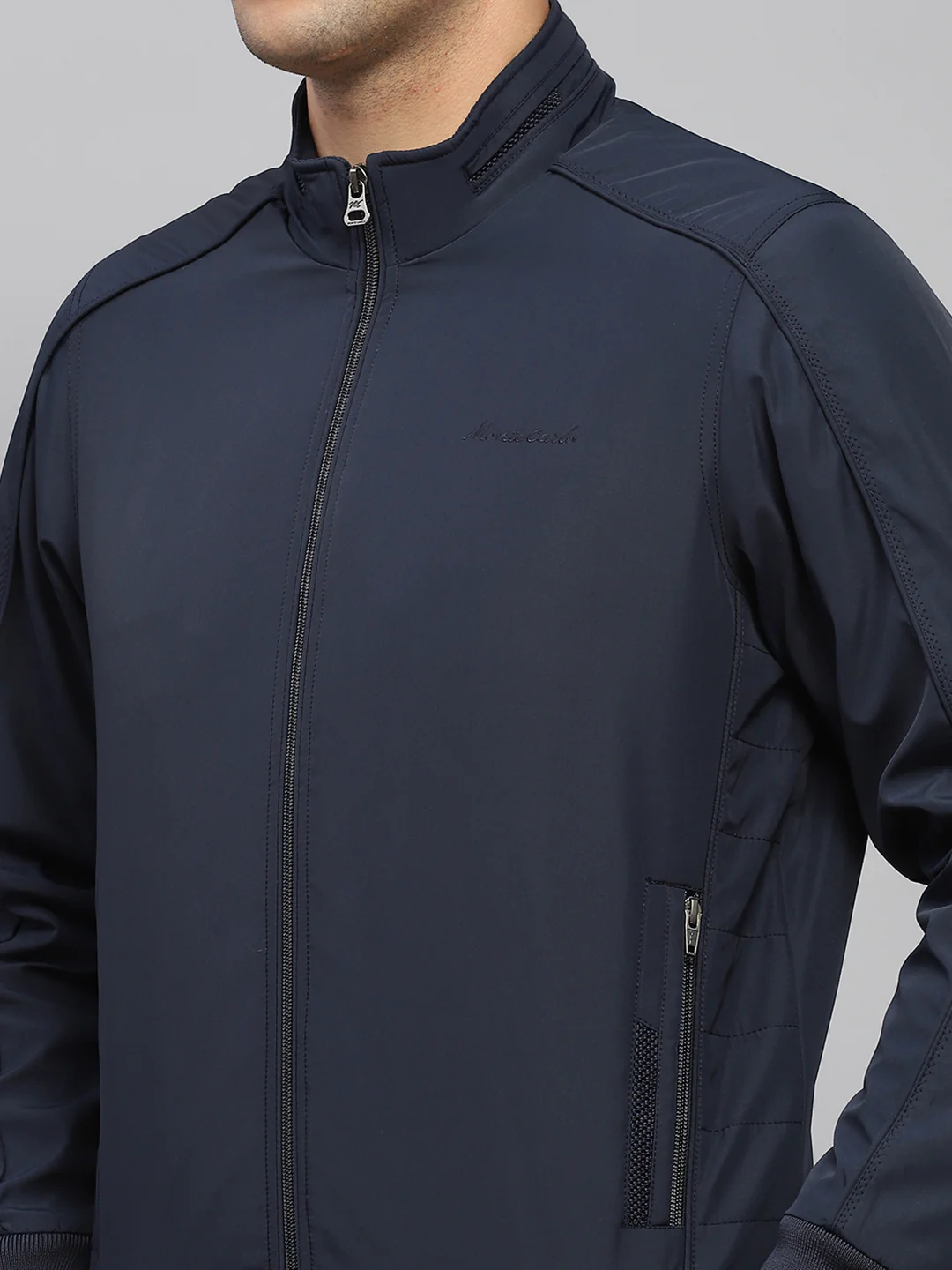 Men Navy Blue Solid Mock Neck Full Sleeve Jacket - Image 6