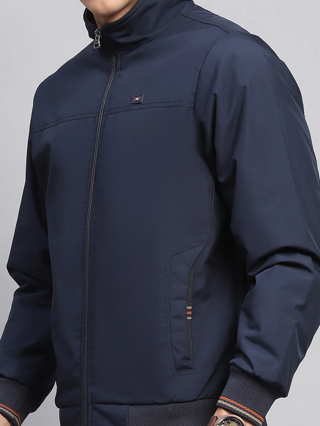 Men Navy Blue Solid Mock Neck Full Sleeve Jacket - Image 6
