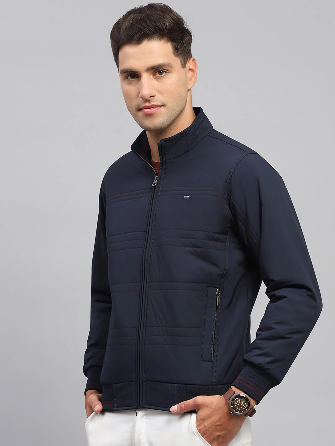 Men Navy Blue Solid Mock Neck Full Sleeve Jacket - Image 3