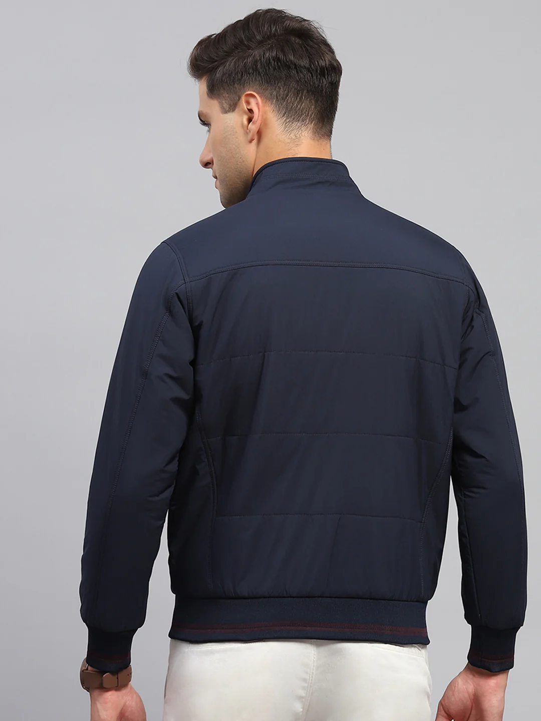 Men Navy Blue Solid Mock Neck Full Sleeve Jacket - Image 5