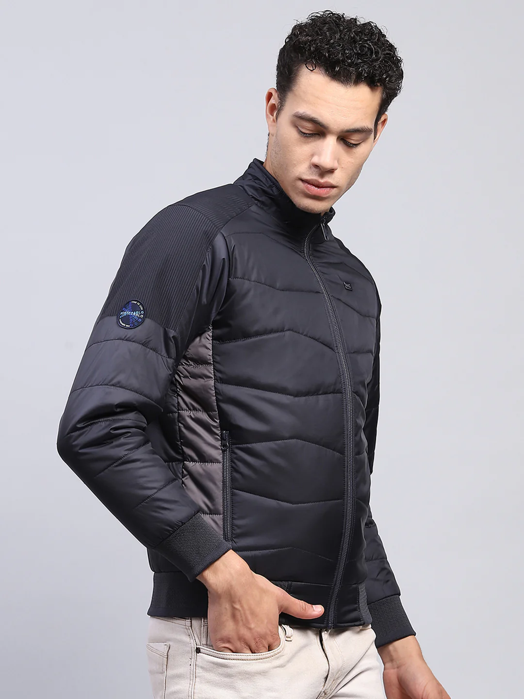 Men Navy Blue Solid Mock Neck Full Sleeve Jacket - Image 4
