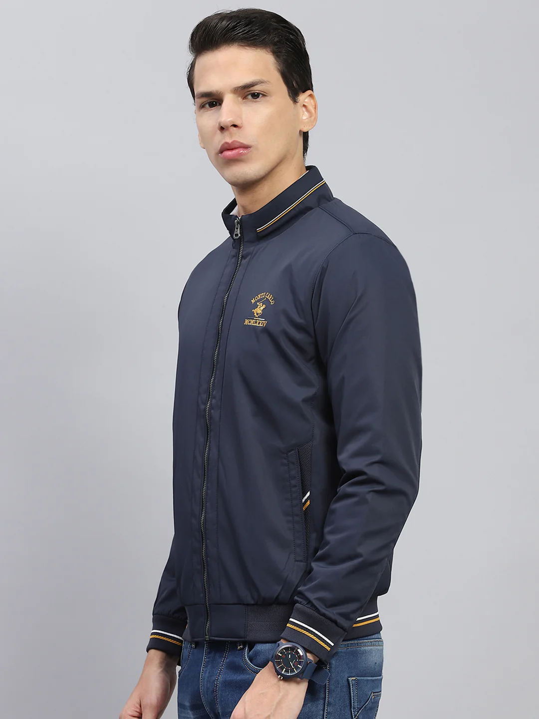 Men Navy Blue Solid Mock Neck Full Sleeve Jacket - Image 3