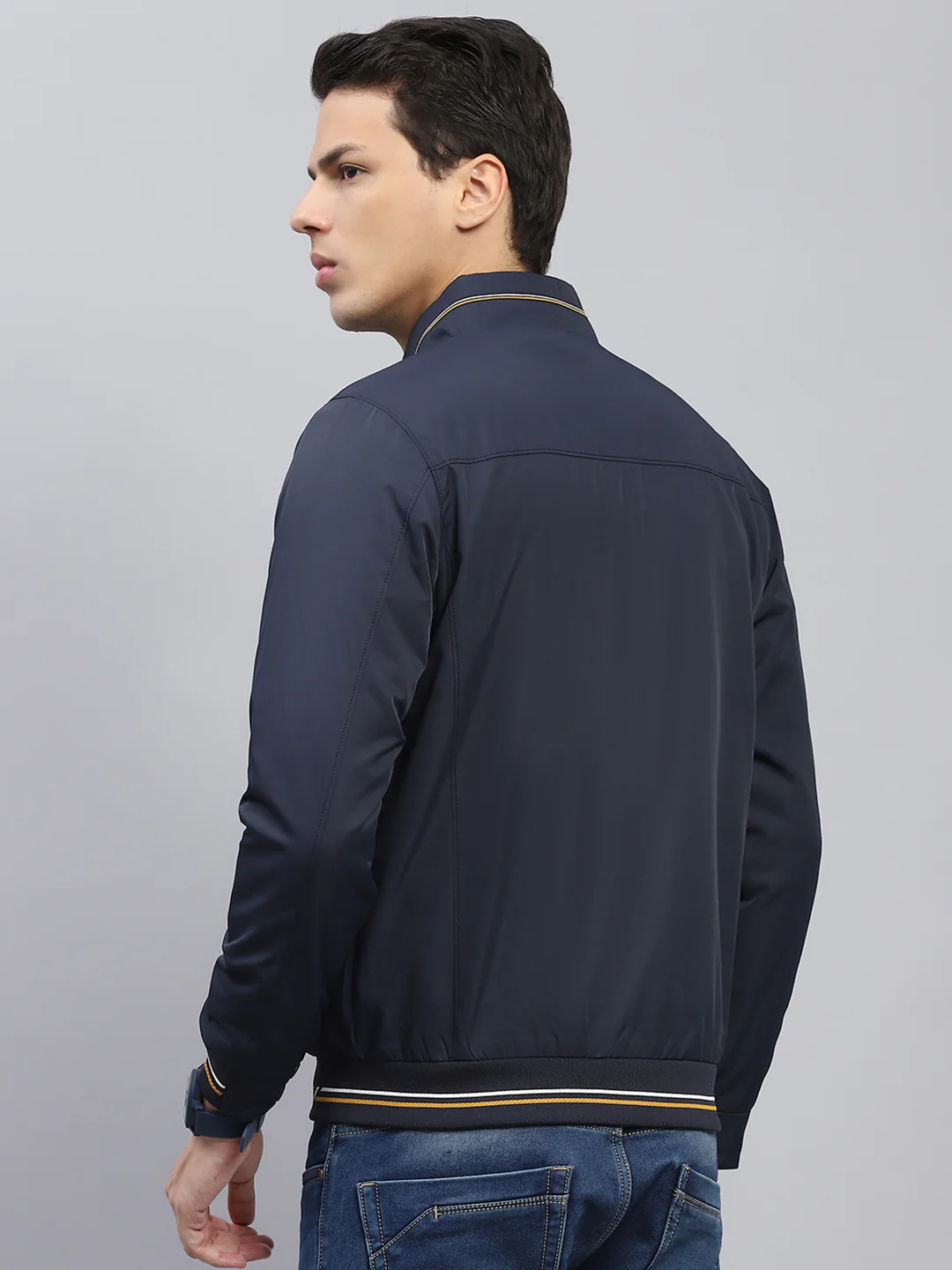 Men Navy Blue Solid Mock Neck Full Sleeve Jacket - Image 5