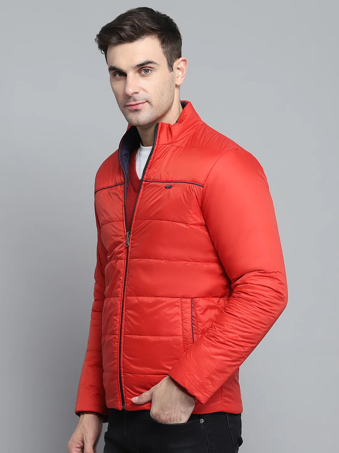 Men Navy Blue Solid Mock Neck Full Sleeve Jacket - Image 3
