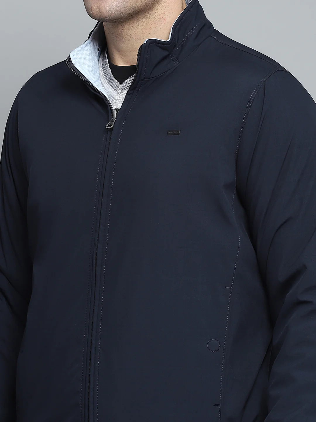 Men Navy Blue Solid Mock Neck Full Sleeve Jacket - Image 12